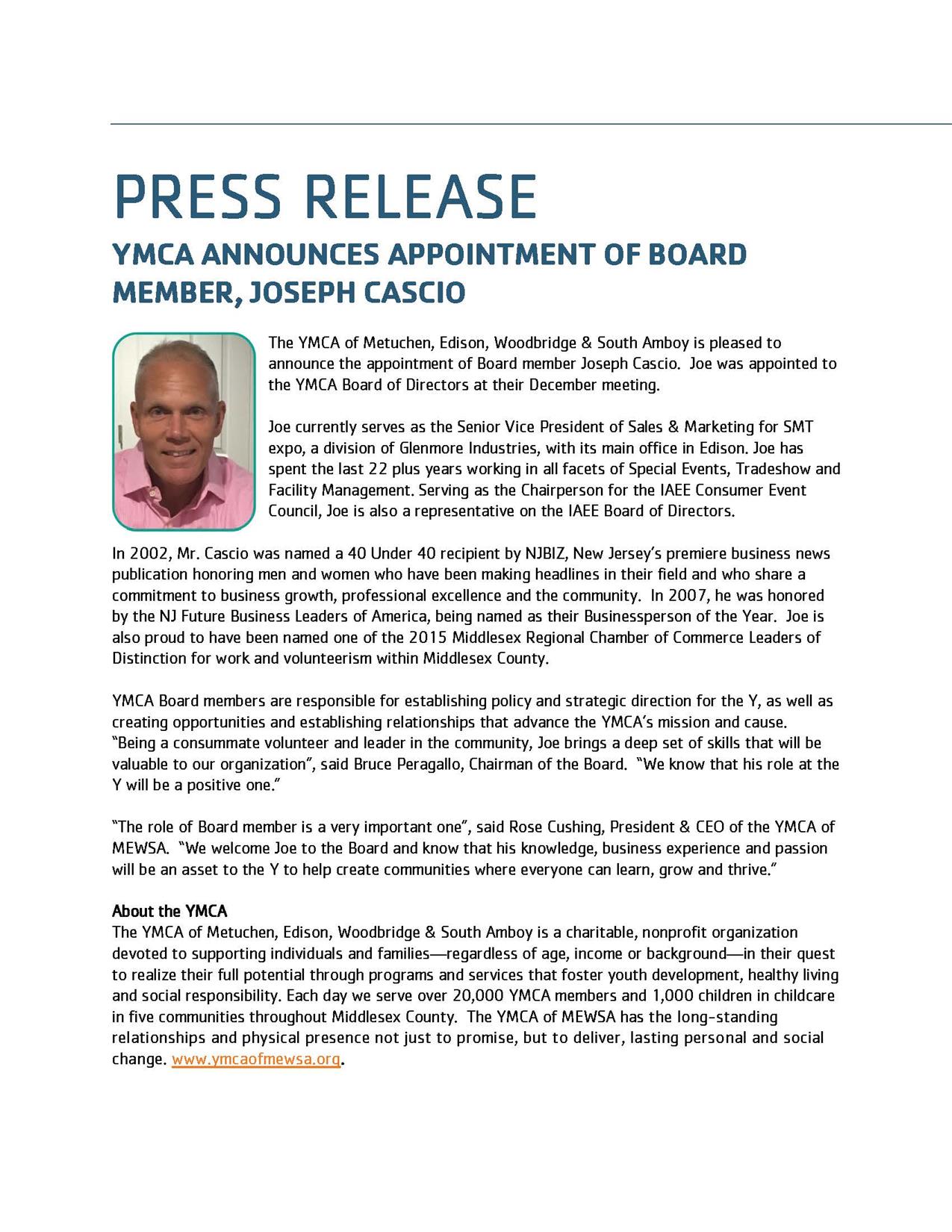YMCA Announces Appointment of Board Member Joseph Cascio-For Website